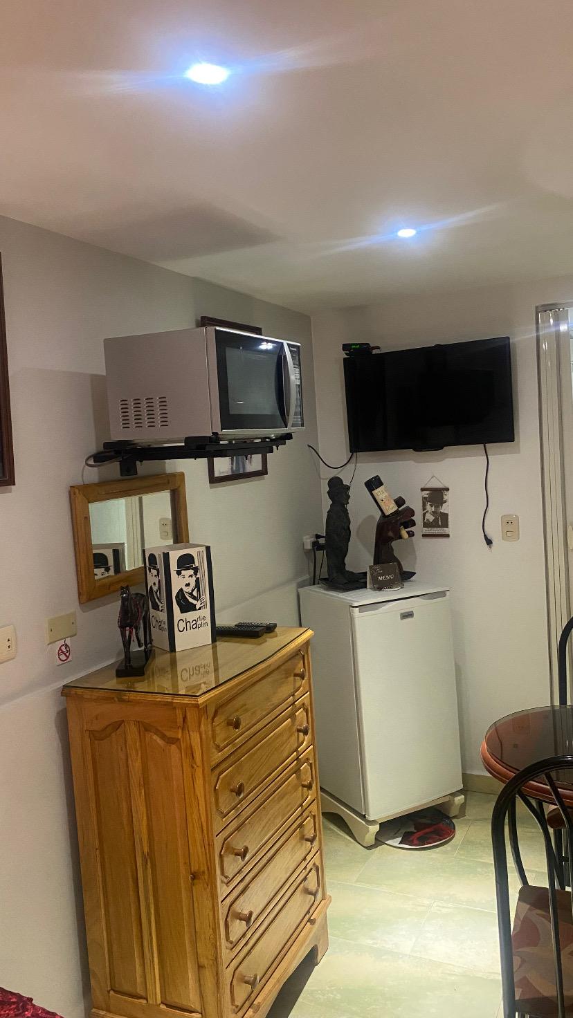 In-room kitchenette with microwave, fridge, TV and a Chaplin ornament on the dresser